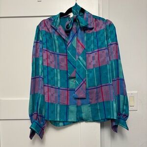 Elite Vintage 90s Colorful Plaid Blouse with Removeable Tie - Size 12